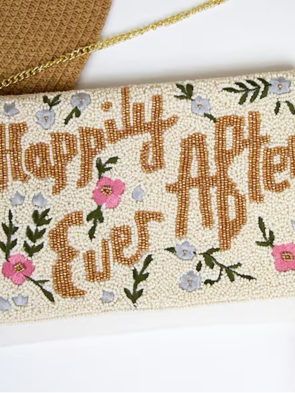 Beaded 'Happily Ever After' Floral Clutch - Cream with Pink & Gold Beads